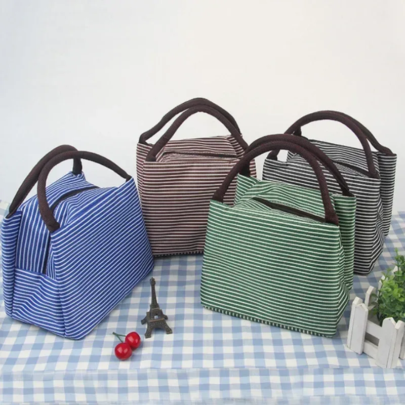 Insulated Striped Oxford Fabric Lunch Bag with Carry Handles – Stylish & Practical Food Tote