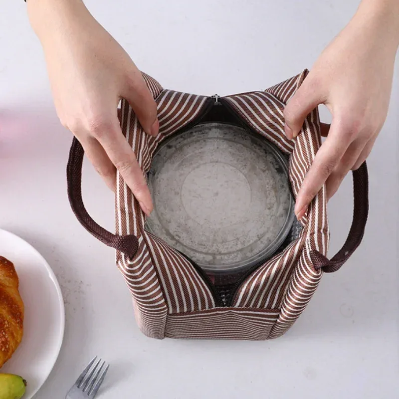 Insulated Striped Oxford Fabric Lunch Bag with Carry Handles – Stylish & Practical Food Tote - Image 3