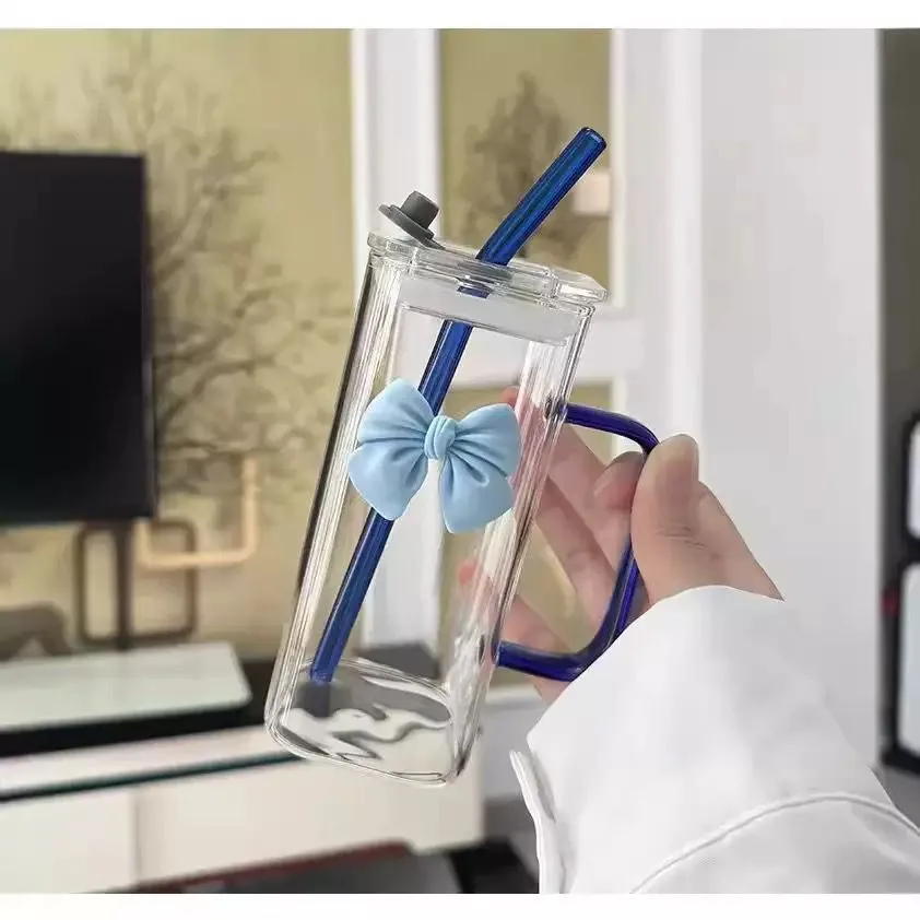 Elegant Square Glass Water Bottle with Ergonomic Handle & Reusable Straw – Perfect for Desk or On-the-Go Hydration - Image 5