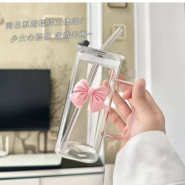 Elegant Square Glass Water Bottle with Ergonomic Handle & Reusable Straw – Perfect for Desk or On-the-Go Hydration alternate
