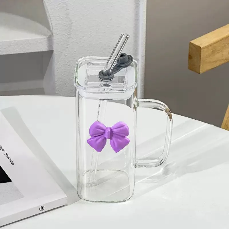 Elegant Square Glass Water Bottle with Ergonomic Handle & Reusable Straw – Perfect for Desk or On-the-Go Hydration