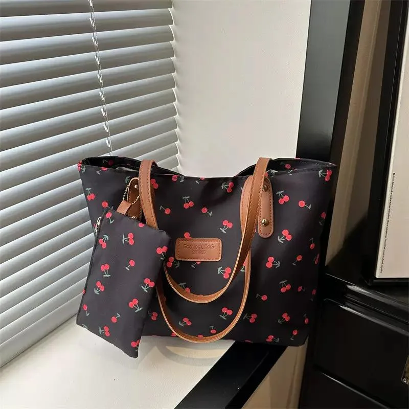 Charming Cherry Print Large Capacity Tote Bag with Durable Shoulder Straps - Image 3