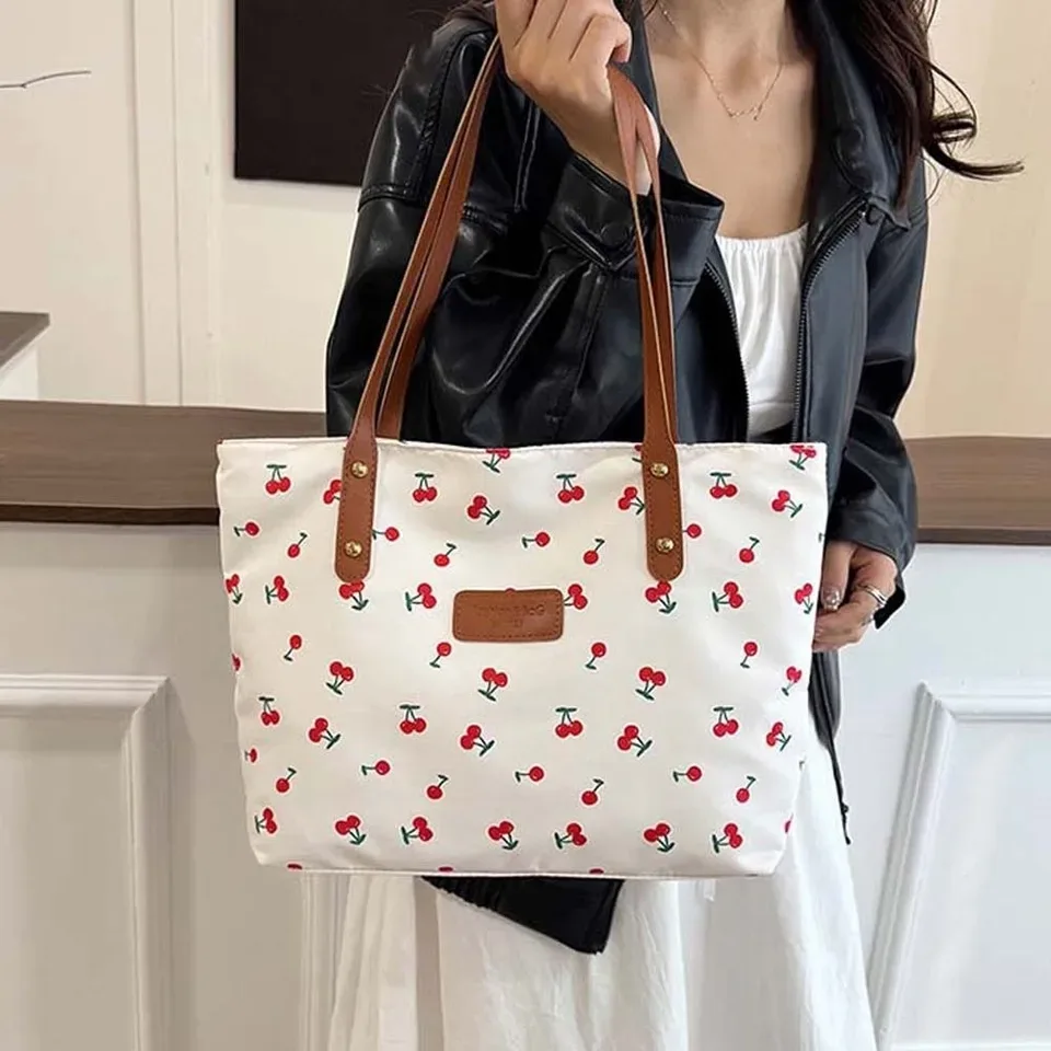 Charming Cherry Print Large Capacity Tote Bag with Durable Shoulder Straps - Image 5