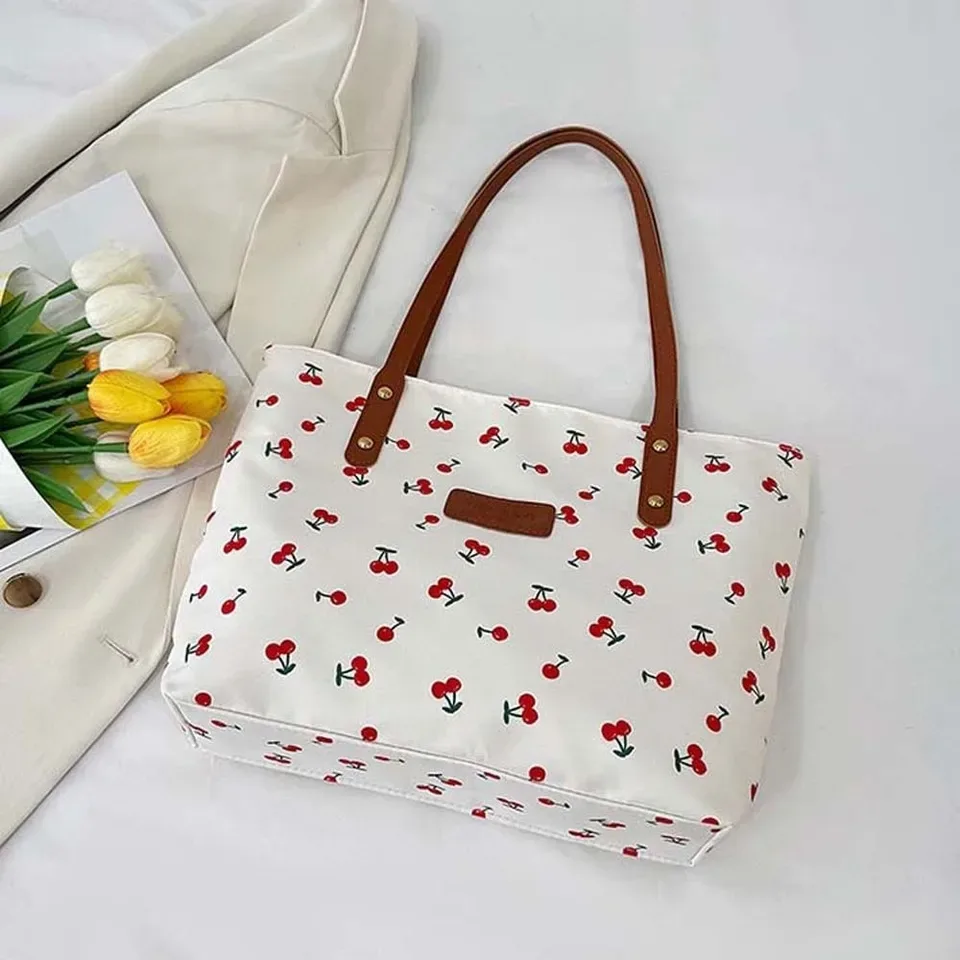 Charming Cherry Print Large Capacity Tote Bag with Durable Shoulder Straps - Image 4