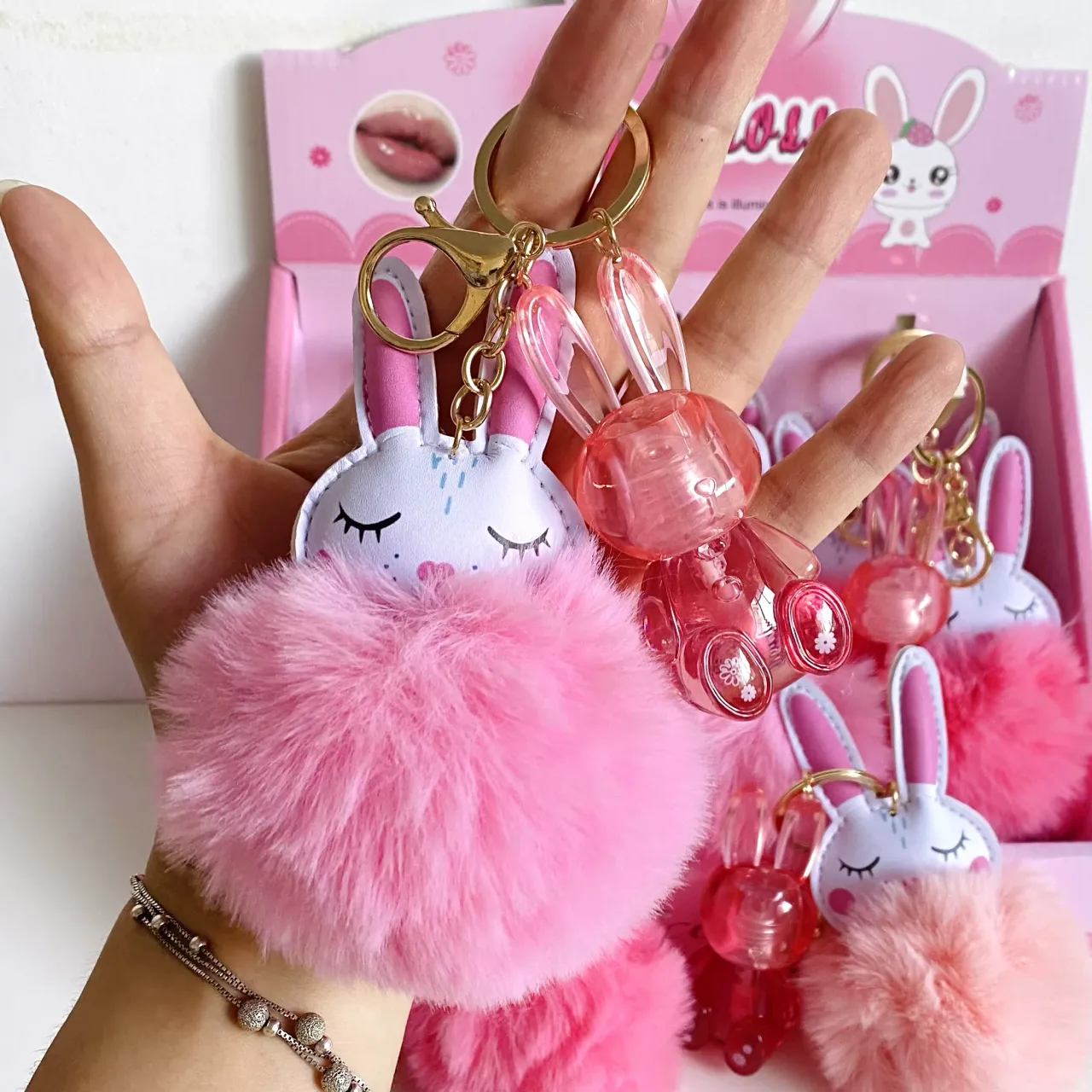 Sweet Rabbit Pom-Pom Lip Gloss Keychain for Hydrated Lips and Chic Accessory alternate
