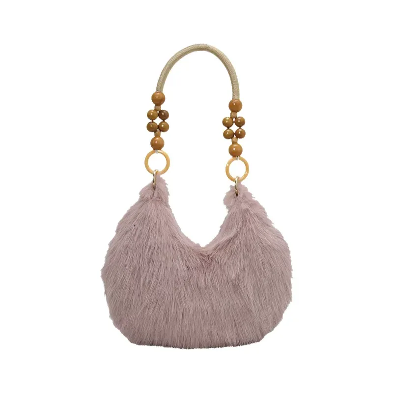 Chic Faux Fur Dumpling Shoulder Bag with Beaded Handle – Soft & Stylish Everyday Handbag - Image 5