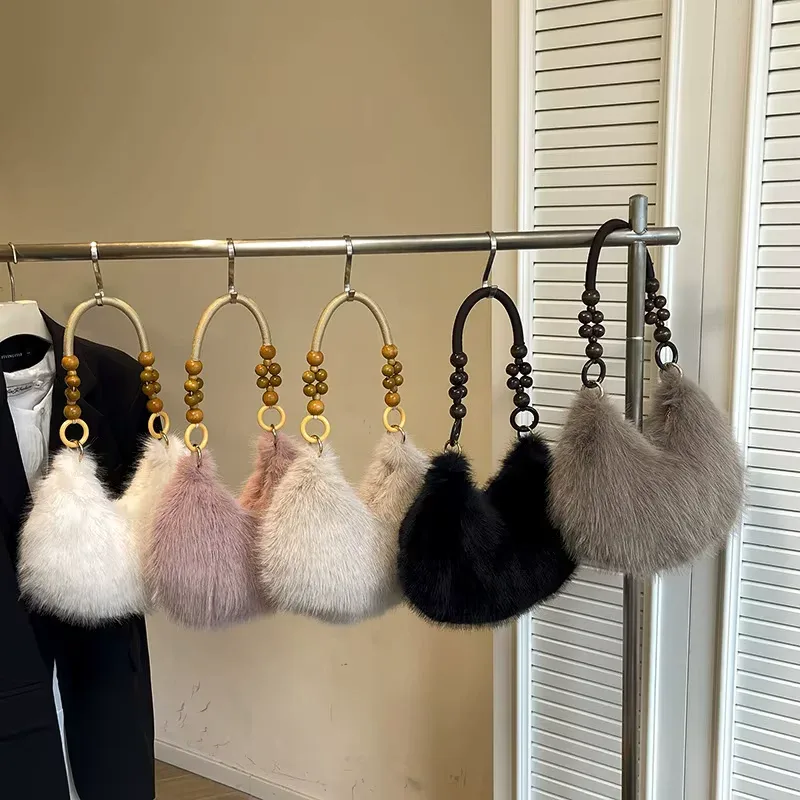 Chic Faux Fur Dumpling Shoulder Bag with Beaded Handle – Soft & Stylish Everyday Handbag