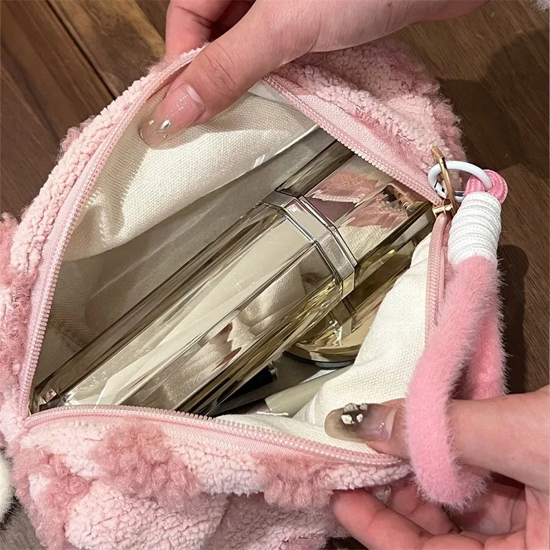Charming Plush Love Print Cosmetic Pouch with Handle – Soft Travel Makeup Organizer & Clutch - Image 5