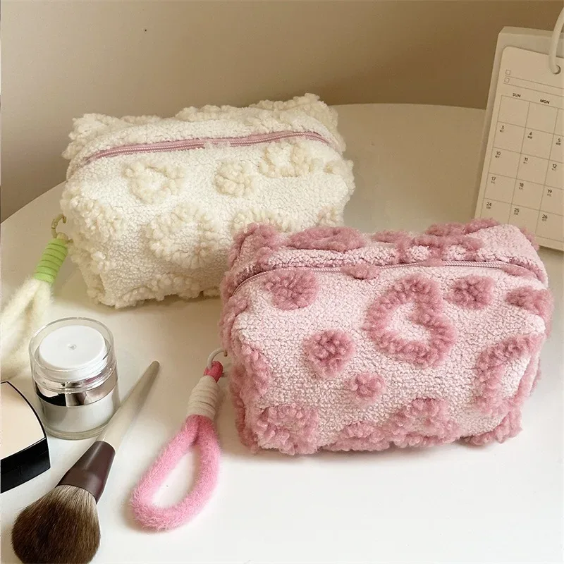 Charming Plush Love Print Cosmetic Pouch with Handle – Soft Travel Makeup Organizer & Clutch - Image 4