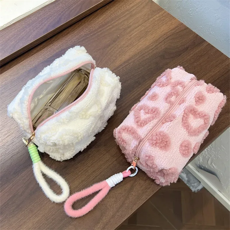 Charming Plush Love Print Cosmetic Pouch with Handle – Soft Travel Makeup Organizer & Clutch - Image 3