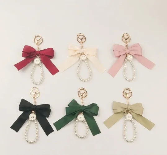 Elegant Fabric Bow & Faux Pearl Dangle Keychain for Bags, Keys & Accessories