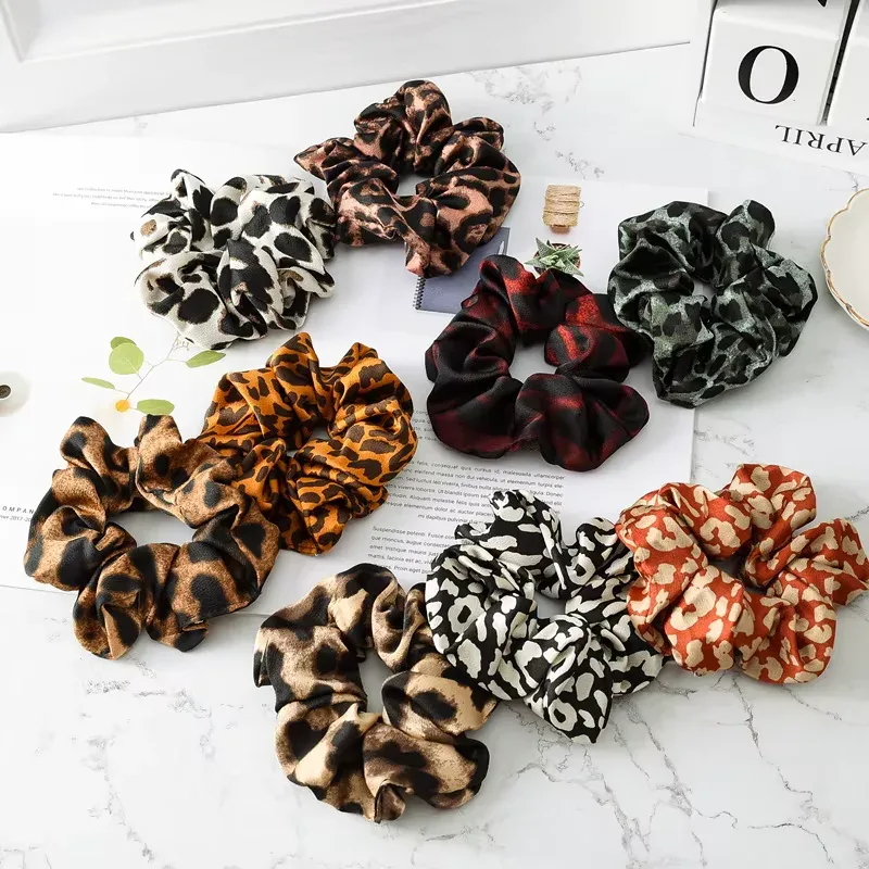 Chic Pleated Leopard Print Satin Scrunchies for Effortless Ponytails & Buns alternate