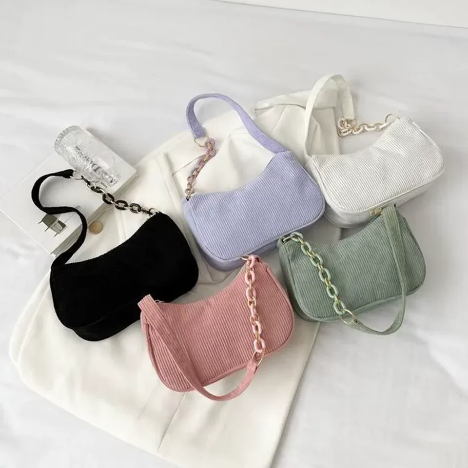 Chic Corduroy Underarm Shoulder Bag with Trendy Chain Accent